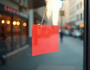 Poster - Red blank sign hanging on shop glass window with blurred street background. Empty signboard template for shop, cafe, restaurant, store announcement. Retail, advertising, marketing concept for shop