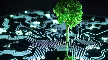 Poster - Microchip circuit board with growing green tree, symbol of technology and nature