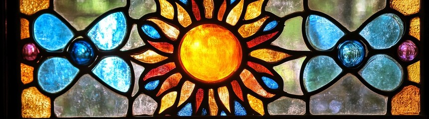 Poster - A vivid stained glass piece depicting a whirl of colors emerging from a central golden light