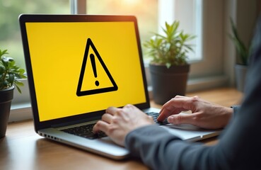 Poster - Alert notification on laptop screen warns of online scam. Hand typing. Yellow screen, black triangle with exclamation mark. Cybercrime, fraud, data theft protection, security, virus on the internet.