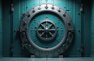 Fototapete - Bank vault door with locking mechanism detail. Turquoise metal, chrome finish, intricate mechanical parts. Secure storage. Protection of assets, money. Financial security, cyber security concept,