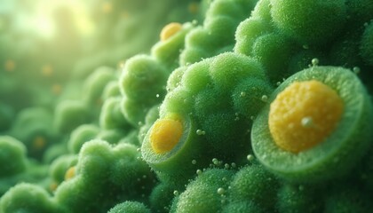 Poster - Microscopic view of green plant cells with yellow starch molecules converting to sugar. Starch in plant cells turns sugar. Concept of botany, nature, biology, science, microbiology research, life.