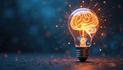 Poster - Glowing light bulb with brain inside, human intellect, innovative thinking. Abstract concept on dark blue background. Idea of intelligence, brainstorm, creative inspiration, knowledge, bright