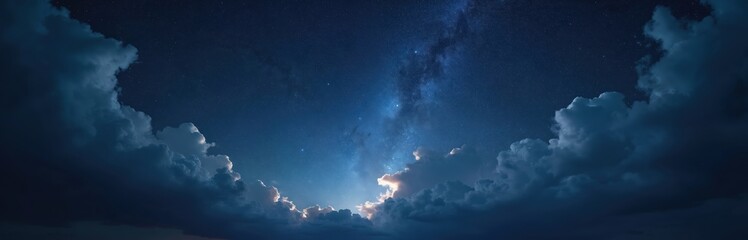 Aufkleber - Starry night sky view with blue nebula, dramatic clouds. Night sky, space exploration, astrology themes. Celestial starry scenic, blue dark sky gradient. Perfect for backgrounds, wallpapers, space