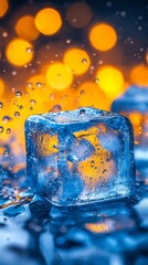 Poster - A zoomed-in view of shimmering blue ice featuring bright orange reflections, resulting in a striking contrast of colors and textures in the water