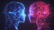 © Alfanachmad - Two digital humanoid figures in blue and pink, representing AI and technology interaction.