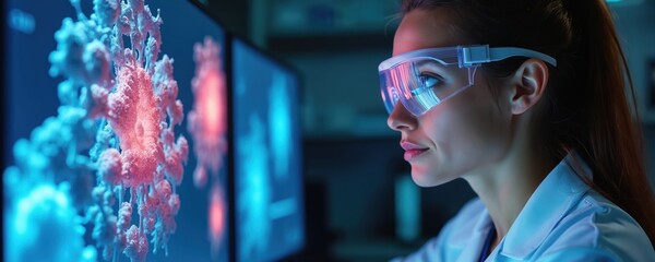 Poster - Young woman scientist in safety glasses views 3D models of protein structures on monitor. Exploring potential drug targets, pharmaceutical research in laboratory. Genetic molecular biochemistry