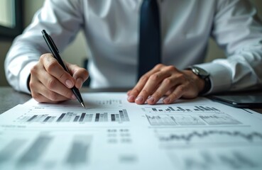 Poster - Close-up of businessman at desk analyzing financial reports, graphs. Man in shirt, tie calculates, studies data with pen. Financial analysis, strategic planning, meticulous study, modern corporate