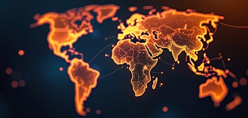 Aufkleber - Digital global network visualization. Orange data points connect continents on dark blue background for tech, global business, communication themes. Worldwide connection system with futuristic