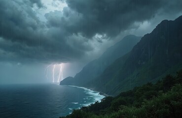 Wall Mural - thunderstorm with lightnings strikes in green mountain range by sea. rain and storm clouds over dark