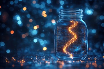 Poster - A glass jar contains bright, glowing digital code, casting light across a colorful, twinkling surface with blue and orange hues