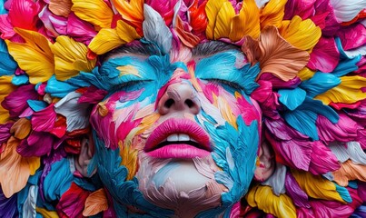 Wall Mural - a woman's face is artistically covered in vibrant, colorful petals in a stunning close-up portrait.