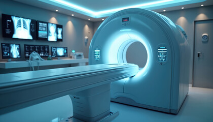 Aufkleber - Zooming into magnetic resonance imaging MRI machine. Generic medical background. Empty modern hospital clinic facility. 3D rendering. Digital diagnostic radiology medical equipment tomography imaging