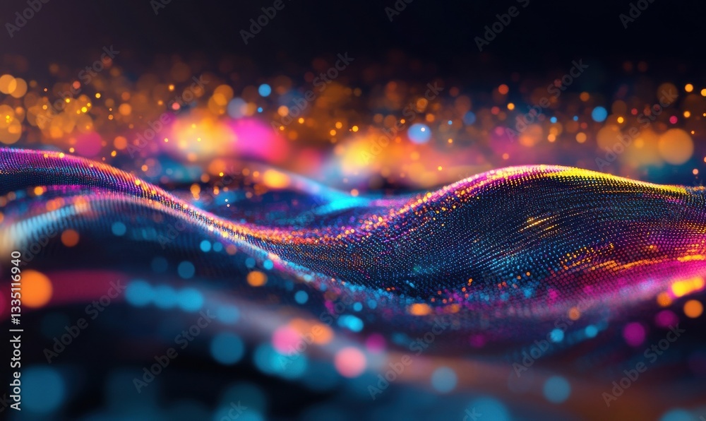 A colorful digital landscape with swirling geometric shapes and glowing ...