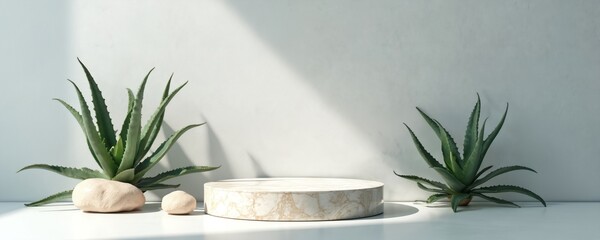 Aufkleber - Minimal design showcase. Marble podium stage platform with aloe vera plants against white wall, light shadows. Modern cylinder box scene for product, cosmetic presentation. Natural luxury geometric