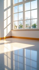 Poster - Warm sunlight casting shadows on smooth gray surface cozy interior close-up perspective minimalist design