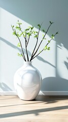 Aufkleber - Minimalist white vase with green branches captured in soft natural light eye-level perspective elegant interior decoration