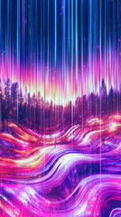 Poster - Futuristic Holography With Vibrant Waves and Woodland Silhouette Under Cosmic Light