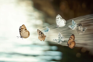 Poster - Beauty in Transition as Butterflies Vanish Into the Air Above a Shimmering River Landscape