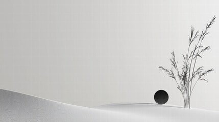 Poster - minimalist serenity: a starkly elegant composition, featuring a solitary plant and a dark sphere set