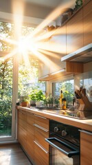 Poster - Cozy vintage kitchen with sunlit cabinets home interior realistic photography warm atmosphere diagonal view