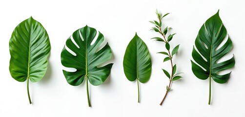 Poster - Tropical plant green leaves isolated on transparent PNG background. Nature fresh design element. Exotic monstera, philodendron foliage for summer background, eco banner, jungle frame, tropic pattern.