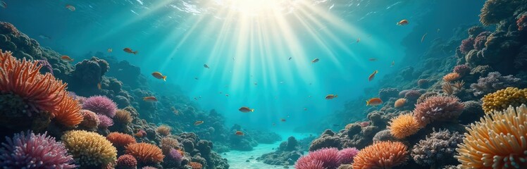Aufkleber - Underwater landscape of turquoise ocean with colorful coral reefs and small fishes. Sea bottom with light beams. Marine life, natural background. Vacation mood, tropical travel destination concept.