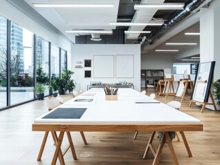 Poster - Creative workspace design modern office photography bright environment low angle realistic art surfaces