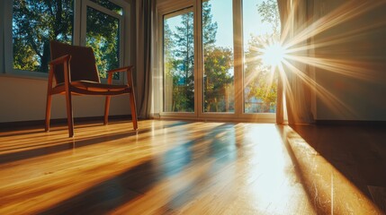 Poster - Lone chair bathed in soft sunlight cozy room interior photography minimalist environment eye-level view emphasizing emptiness
