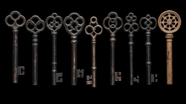 A collection of antique keys with unique designs.