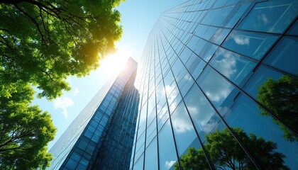 Aufkleber - Skyscraper facade reflects green trees, blue sky, clouds. Urban development meets nature. ESG concept, impact investing, sustainable finance, corporate responsibility. Eco building, financial