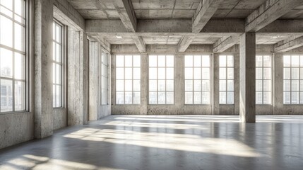 Poster - concrete structure's interior: a modern, spacious interior featuring expansive windows that fill the