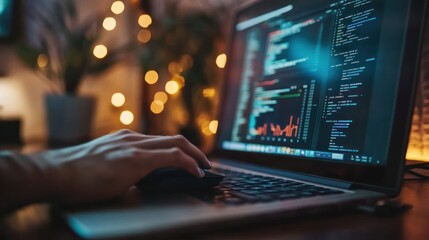 Close-up of hands working on a laptop with coding displayed on the screen.