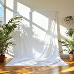 Poster - Casual morning light on bare canvas backdrop with natural plants indoor setting photography minimalist concept