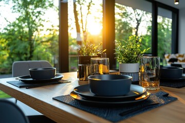 Poster - Evening glow dining experience microwaveable ceramic tableware set on a dining table realistic style frontal angle
