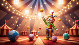 Colorful porcelain clown juggling balls in circus tent, playful whimsy