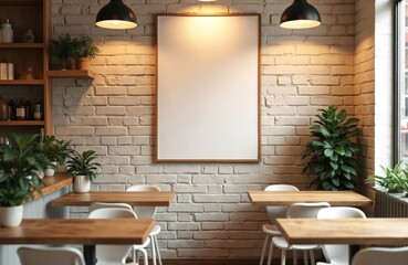 Aufkleber - Mockup of blank flyer poster display in cozy coffee shop. Empty white frame for advertising on brick wall with wooden tables, chairs, plants under lamps. Template for banner, flyer, poster. Interior