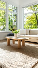 Poster - Sunlit living room with neutral tone upholstery showcasing soft fabric texture eye-level view modern design