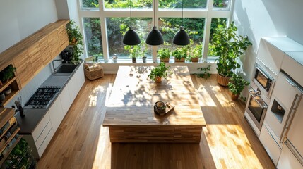 Poster - Sunlit kitchen island with maple wood prep block modern home interior photography bright environment aerial view culinary space
