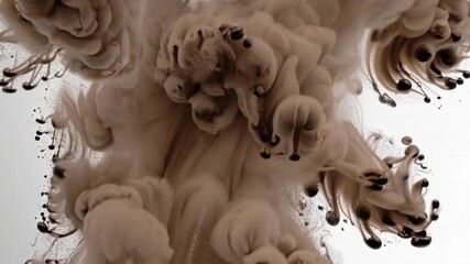 Poster - Swirling clouds of black ink underwater creating abstract patterns in beige tones