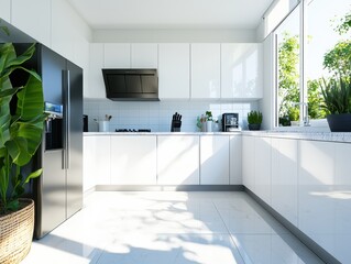 Poster - Bright kitchen with natural light clean white area interior design photography modern home corner view minimalist concept