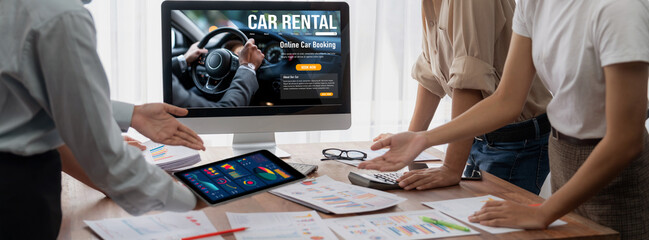 car rental website on computer screen for tourist to rent a car for transportation brisk