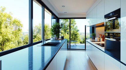 Poster - Modern simplicity in a kitchen with cool tones wide-angle shot highlighting minimal design indoor setting realistic aesthetic