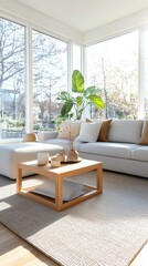 Poster - Sunlit living room with neutral upholstery modern home interior design cozy environment eye-level view soft fabric concept