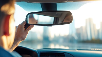 Poster - close-up of driver adjusting rearview mirror inside car-sharing vehicle with city skyline blurred in background and