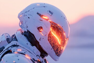 Poster - close-up of alien in biomechanical exoskeleton with intricate details its glowing armor radiating fu