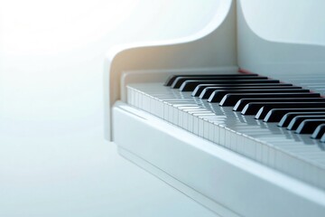 Poster - pristine white background highlights grand piano polished surface with single spotlight illuminating its glossy keys