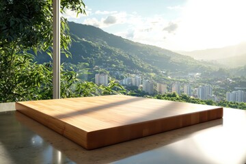Poster - Sustainable bamboo butcher block in sunlit kitchen with vibrant greenery and scenic city view