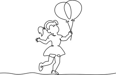 Wall Mural - girl with the balloons, birthday greeting card, continuous one line drawing,