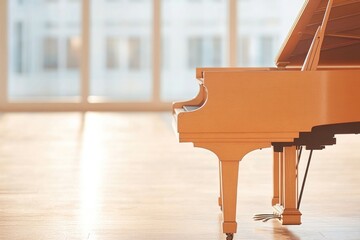Poster - elegant grand piano sitting in empty room with wooden floors and large bathed in soft sunlight